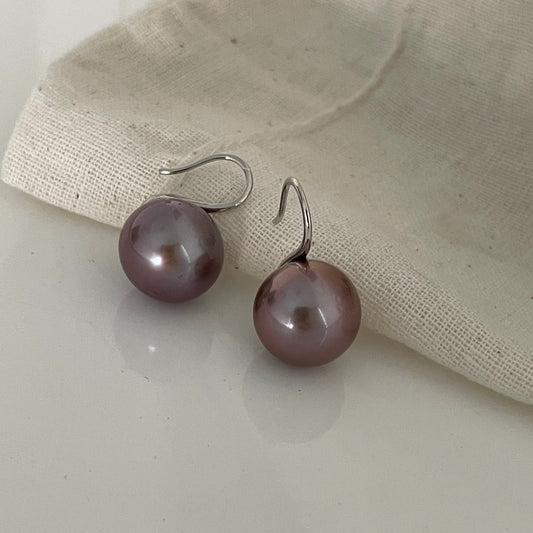 Platinum Plated Silver Hook Earrings with 12mm Purple Edison Pearl
